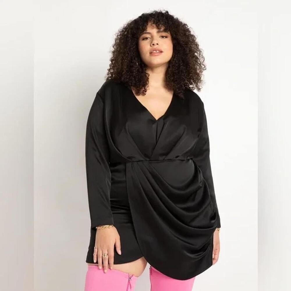 Eloquii Black Satin Long Sleeve Draped Mini Dress